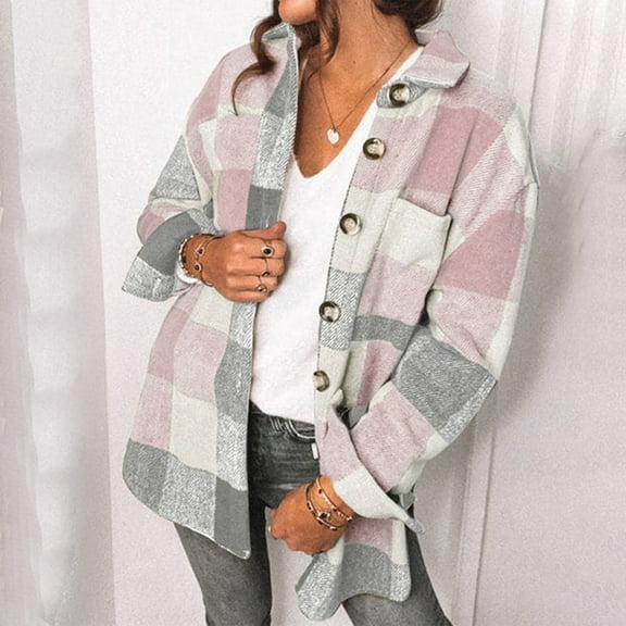 SELONE Shackets for Women Long Sleeve Jacket Lapel Short Button Up Coat Loose Casual Plaid Outerwear Winter Overcoat Outwear Coat Clothes for Women Outfits Tops Pink S