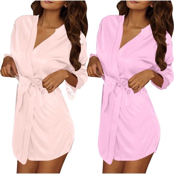 Lorytime Short Lightweight Bathrobes for Women Short Silk Belt Nightgowns V Neck Short Sleeve Sleepwear Loose Loungewear