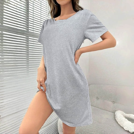 SELONE Short Sleep Shirts for Women Crew Neck Sleep Shirt Solid Short Sleeve Mini Dress Comfortable Tank Dress