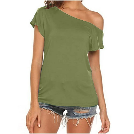 SELONE Off the Shoulder Tops for Women Summer Tops Casual Off the Shoulder Short Sleeve Cold Shoulder Loose Fit T Shirts Summer Blouse Shirt Fashion Beach Classy Y2K Soft Basic Army Green M