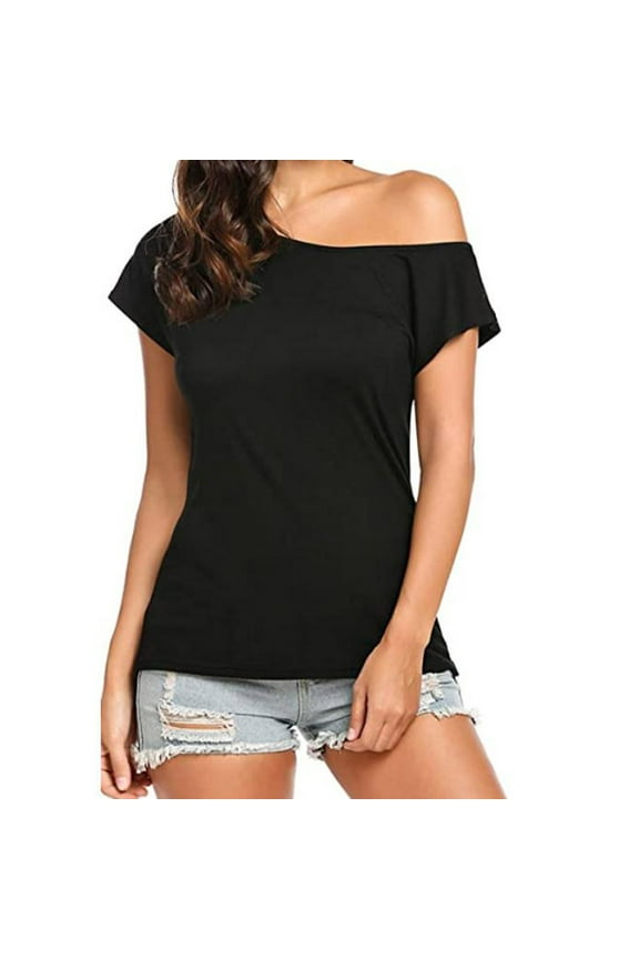 Off the Shoulder Tops for Women Tshirts Shirts for Women Casual Off the Shoulder Short Sleeve Cold Shoulder Loose Fit T Shirts Summer Blouse Shirt Fashion Beach Classy Y2K Soft Basic Black XL