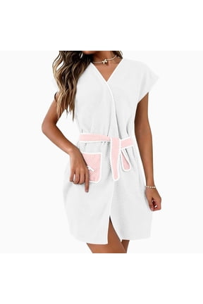 Shower Robe for Women Cotton Cozy Bathrobe Tie Side Short Sleeve Towel Robe with Pockets Soft Lounging Homewear