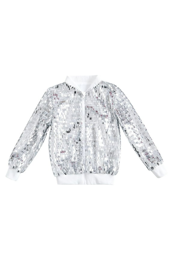 Silver Sequin Jacket Zipper Solid Long Sleeve Cute Clothes Silver M