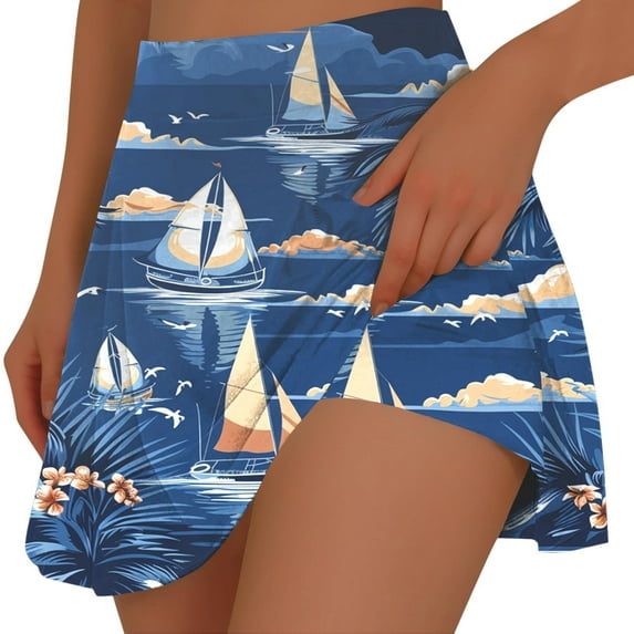 SELONE Skort for Women Plus Size Mid Waist Gym Leggings Elastic Waist Shorts Yoga Wear Casual Workout Pants Pull on Hawaiian Yoga Short Length Lightweight Comfortable Blue S Breathable Summer Clothes