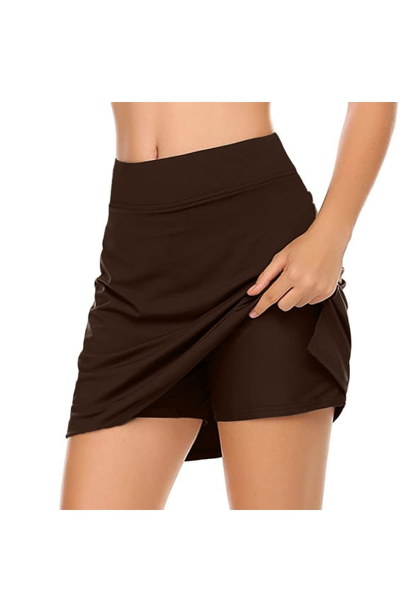 Skorts for Plus Size Women with Pockets Mid Rise Polyester Athletic Pants Slim Fashion Clothes Brown XL