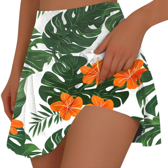 SELONE Green Skorts for Womens Plus Mid Waist Plus Size Gym Leggings Elastic Waist Shorts Yoga Wear Casual Workout Pants Pull on Hawaiian Yoga Short Length Lightweight XL Breathable Summer Clothes