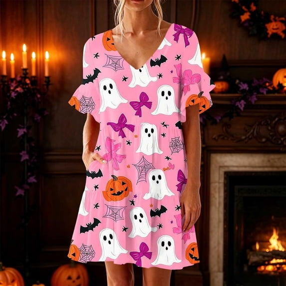 SELONE Sleep Shirts for Women with Pockets Plus Size Halloween Sleepshirt Cute Ghost Bow Nightshirts Soft Tank Dress