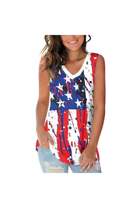 Sleeveless Tops for Women Pride Day Plus Size V Neck Button Independence Day Apparel Red White Blue Wear Clothes 4th July Gifts Activewear XL