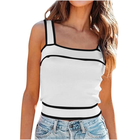 SELONE Square Neck Tank Top Women Knitted Sleeveless Sweater Wide Strap Basic Pullover Summer Beach Outfits White S