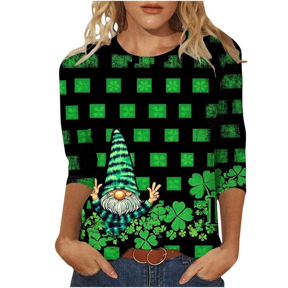SELONE St. Patricks Day 3/4 Pullover Tops Womens 3/4 Sleeve Crewneck Sweatshirt Leprechaun Plaid Pullover Casual Clothes