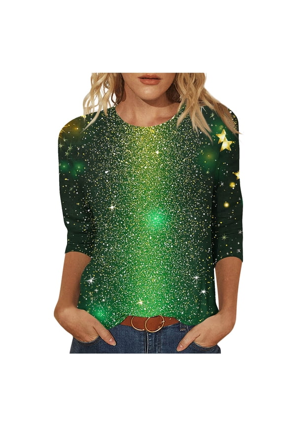 St. Patricks Day Womens Tops with 3/4 Sleeves Crewneck Shirts Star Pullover Holiday Outerwear Black S