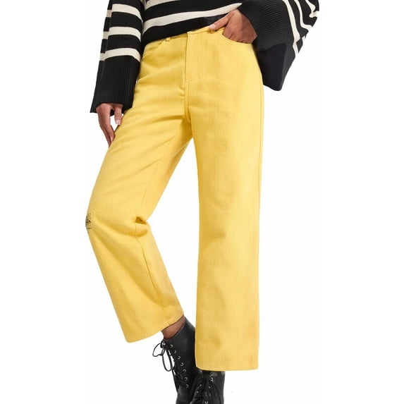 SELONE Straight Jeans Women Mid Waisted Pull On Jeans Loose Denim Pants Soild Casual Trousers with Pockets Yellow 2XL