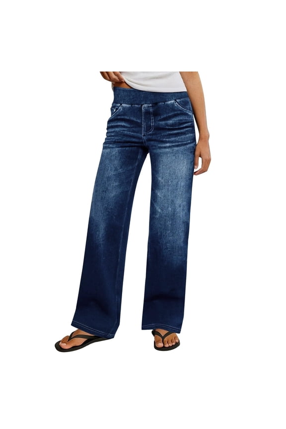 Straight Jeans Women Pull On Jeans Elastic Waist Denim Pants Washed Basic Trousers with Pockets Dark Blue 2XL