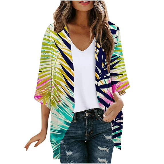 SELONE Summer Cardigan for Women Cover Up 3/4 Sleeve Plus Size Regular Open Front Cardigans Without Hoodie Hawaiian Lightweight Beach Vacation Wear Multicolor 3XL
