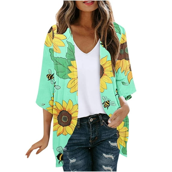 SELONE Summer Cardigans for Women Lightweight 3/4 Sleeve Plus Size Regular Open Front Cardigans Without Hoodie Sunflower Beach Vacation Wear Multicolor L
