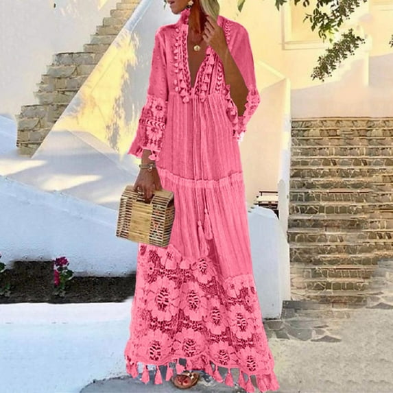 SELONE Summer Casual Dresses for Women Beach Maxi Plus Size Casual Boho Lace Fringe V Neck Fashion Bohemian Large Size Solid Color Tassel Long for Everyday Wear Beach Vacation Pink S