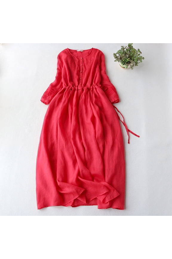 Summer Casual Dresses for Women Vacation Wrap Vintage Linen Lace Short Sleeve Retro Cotton And Round Neck Double layer up Waist Retraction Travel Holiday for Everyday Wear Beach Vacation