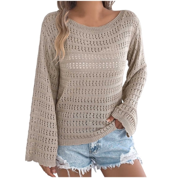 SELONE Summer Cover ups for Women Tops Long Sleeve Cutout Bathing Suit Crew Neck Ruffle Short Swimsuit Khaki L