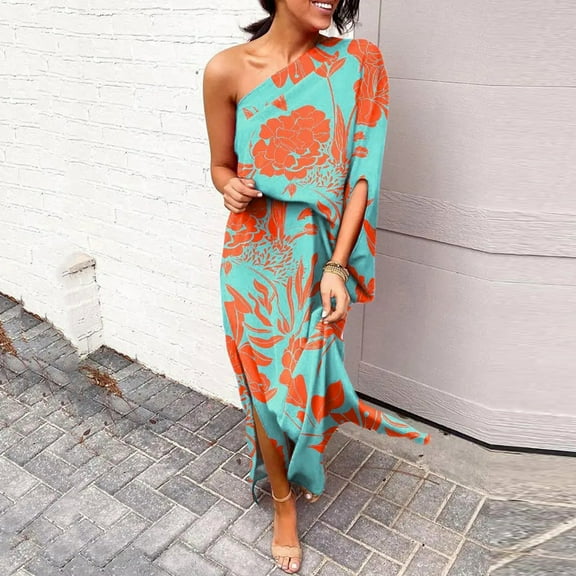 SELONE Summer Dresses One Shoulder for Women Formal Midi Boho Dress for Women Midi Length Summer One Shoulder Printed Loose Half Slitted Hem Sleeve Midi Dresses for Everyday Wear Beach Vacation Blue S
