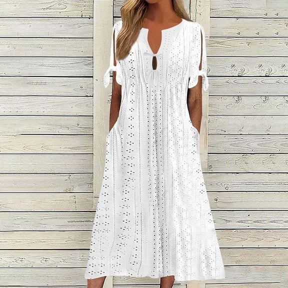 SELONE Summer Dresses for Women Cutout Hawaiian Boho Dresses with Pockets Bow Midi Sundress Notch Collar Vacation Outfits