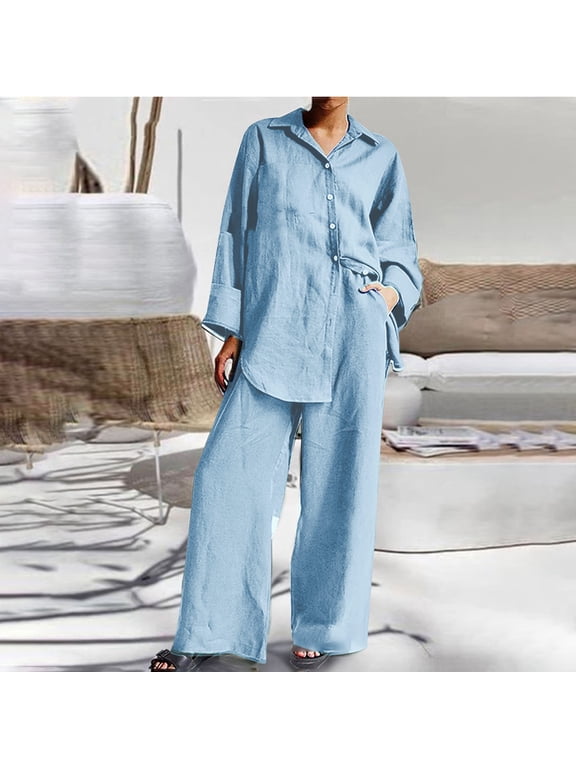 Summer Outfits for Women 2 Piece Cotton Linen Set Boyfriend Oversized T Shirts Wide Leg Pants Plus Size Tracksuit Collared Neck Casual Sets Fashion Suits Beach Outfits Two Piece Outfits