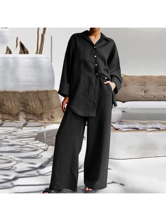 Summer Outfits for Women 2 Piece Cotton Linen Set Boyfriend Oversized T Shirts Wide Leg Pants Plus Size Tracksuit Collared Neck Casual Sets Fashion Suits Beach Outfits Two Piece Outfits