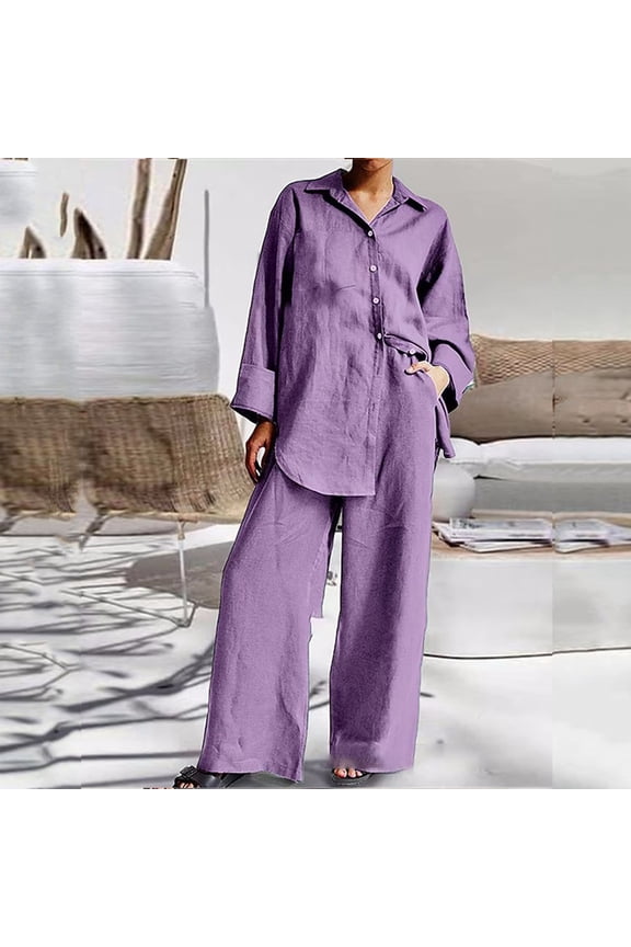 Summer Outfits for Women 2 Piece Cotton Linen Set Boyfriend Oversized T Shirts Wide Leg Pants Plus Size Tracksuit Collared Neck Casual Sets Fashion Suits Beach Outfits Two Piece Outfits