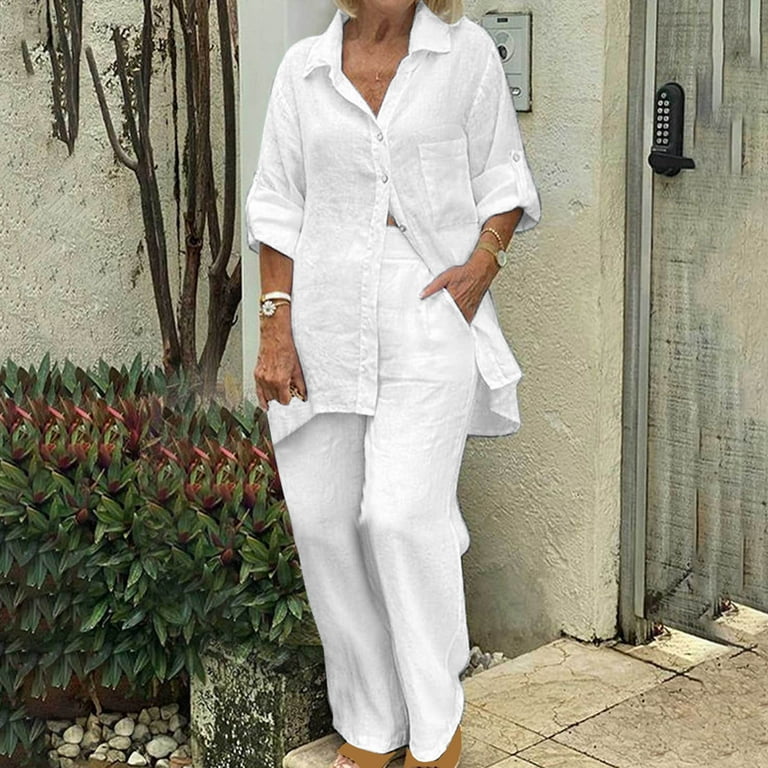 Linen Outfits White Linen Pant Suit Autumn Linen Pant Suit: Womens