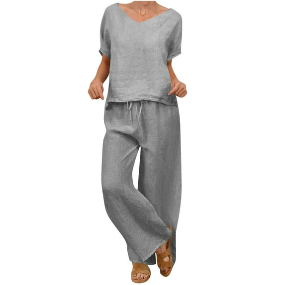 SELONE Summer Outfits for Women 2 Piece Cotton Linen Set Boyfriend Oversized T Shirts Wide Leg Pants Plus Size Tracksuit Crew Neck Casual Sets Fashion Suits Beach Outfits Plus Size Two Piece Outfits