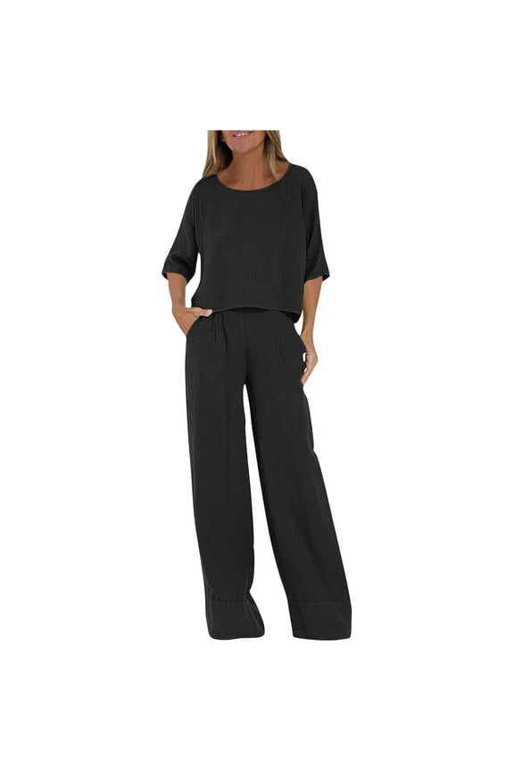Summer Outfits for Women 2 Piece Cotton Linen Set Boyfriend Oversized T Shirts Wide Leg Pants Plus Size Tracksuit Crew Neck Casual Sets Fashion Suits Beach Outfits Plus Size Two Piece Outfits