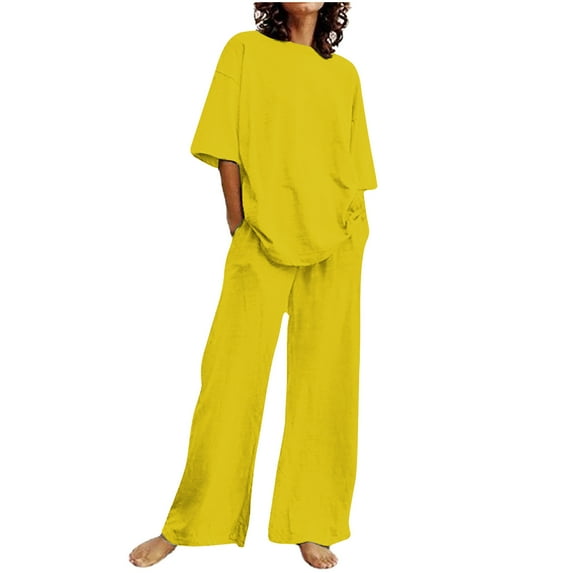 SELONE Summer Outfits for Women 2 Piece Cotton Linen Set Boyfriend Oversized T Shirts Wide Leg Pants Plus Size Tracksuit Crew Neck Casual Sets Fashion Suits Beach Outfits Plus Size Two Piece Outfits