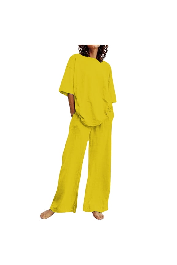 Summer Outfits for Women 2 Piece Cotton Linen Set Boyfriend Oversized T Shirts Wide Leg Pants Plus Size Tracksuit Crew Neck Casual Sets Fashion Suits Beach Outfits Plus Size Two Piece Outfits