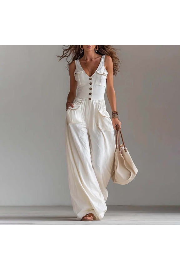 Summer Rompers For Women V Neck Sleeveless Button Down Wide Leg Cargo Pockets Casual Jumpsuit 1 Piece For Summer