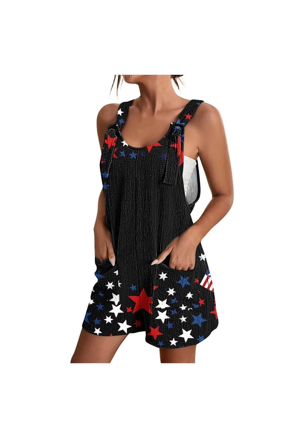 Summer Rompers for Women Sleeveless Wide Strap Jumpsuits Shorts Star Stripe Overalls with Pockets Outfits