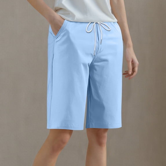 SELONE Summer Shorts for Women Plus Size High Waist Workout Pants with Pockets Bermuda Loose Casual Workout Pants for Work out Pull on Solid Yoga Lightweight Comfy Blue 3XL Breathable Gym Clothes