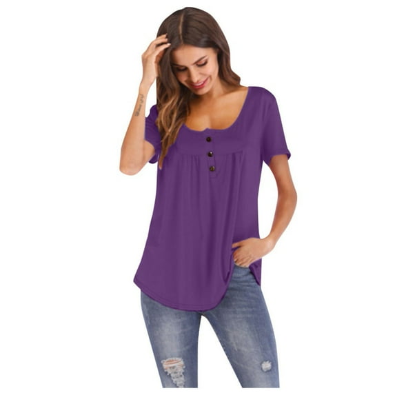 SELONE Summer Tops Short Sleeve Tops Blouses Regular Fit T Shirts Pullover Tees Tops Solid T-Shirts Square Neck Tops Blouses Frill T Shirts Easy Care Soft Lightweight Breathable Pullover Tops Purple M