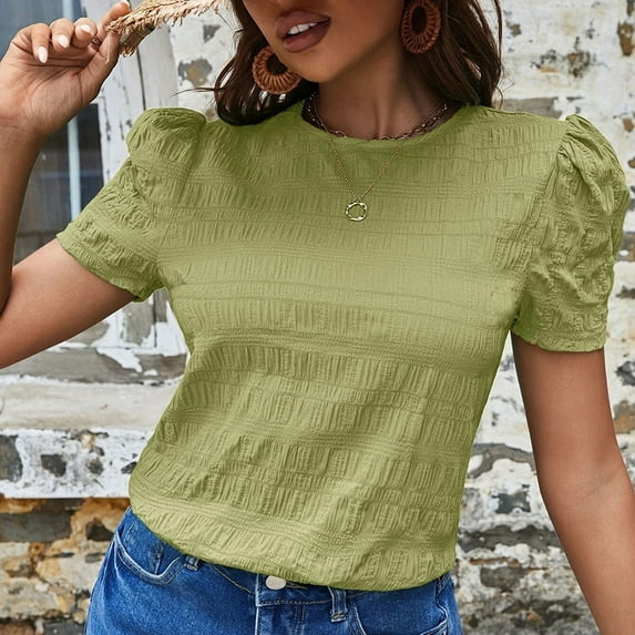 SELONE Summer Tops Short Sleeve Tops Blouses Regular Fit T Shirts Puff Sleeve Pullover Tees Tops Solid T-Shirts Crew Neck Tops Casual Blouses T Shirts Easy Care Soft Breathable Pullover Tops Green S