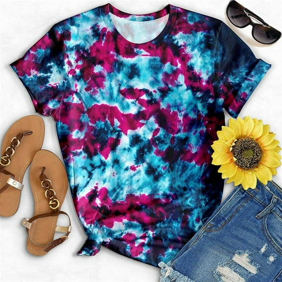 SELONE Summer Tops Short Sleeve Tops Blouses Regular Fit T Shirts Pullover Tees Tops Tie Dye Abstract Print T-Shirts Crew Neck Tops Blouses T Shirts Easy Care Soft Breathable Pullover Tops Sky Blue XL