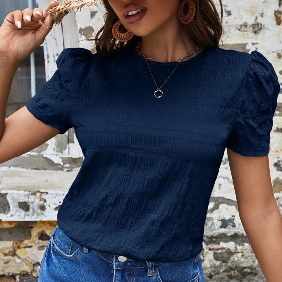 SELONE Summer Tops for Women Short Sleeve Tops Blouses Regular Fit T Shirts Puff Sleeve Pullover Tees Tops Solid T-Shirts Crew Neck Tops Casual Blouses Easy Care Soft Breathable Pullover Tops Blue S