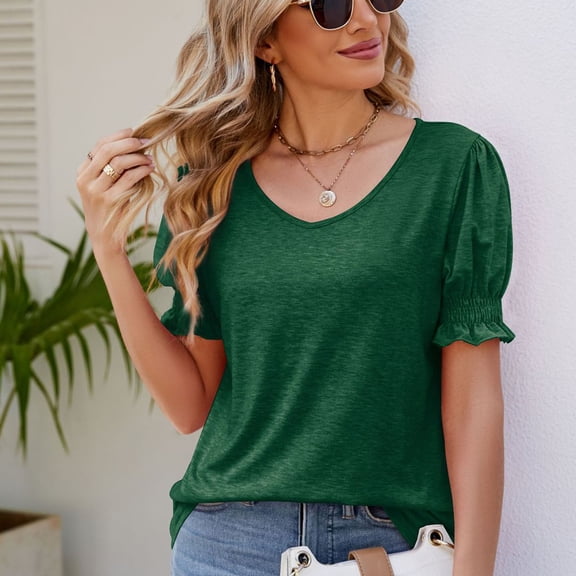 SELONE Summer Tops for Women Short Sleeve Tops Blouses Regular Fit T Shirts Puff Sleeve Pullover Tees Tops Solid T-Shirts V Neck Tops Casual Blouses Easy Care Soft Breathable Pullover Green XXL