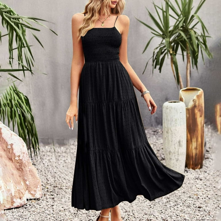 SELONE Sun Dress Plus Size Women Beach Dresses for Women Vintage Sleeveless  Fashion Round Neck Solid Party Boho Dress for Women Hawaiian Dresses for  Everyday Wear Beach Vacation Day to Night Black