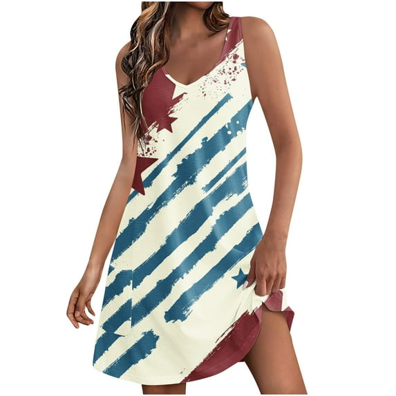 SELONE Sun Dresses Fourth of July Sleeveless V Neck Midi Pride Apparel Red White Blue Wear Clothes Gifts Activewear M