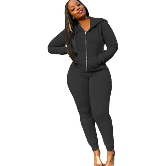 SELONE Sweat Sets For Women 2 Piece Long Sleeve Jackets Long Sweatpants Hooded Neck Gym Sets Cotton Blend Loose Taper Leg Workout Solid Jogger Lounge Sets Streetwear Fall Wintern Clothes Black