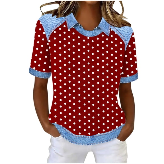 SELONE Sweat Shirts for Women Trendy Collared Short Sleeve Blouses Loose Work Out Tops Printed Casual Outfits Red M