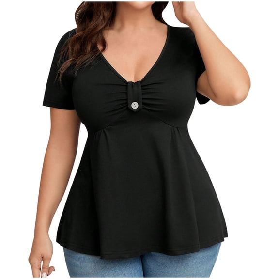 SELONE Sweat Shirts for Women Trendy V Neck Short Sleeve Tops Plus Size Work Out Blouses Ruffle Hem Solid Summer Outfits
