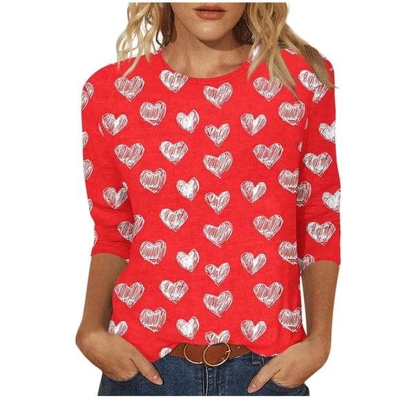 SELONE Sweat Shirts for Womens Valentine Heart Print 3/4 Sleeve Sweatshirt Crewneck Pullover Casual Tops Red 2XL