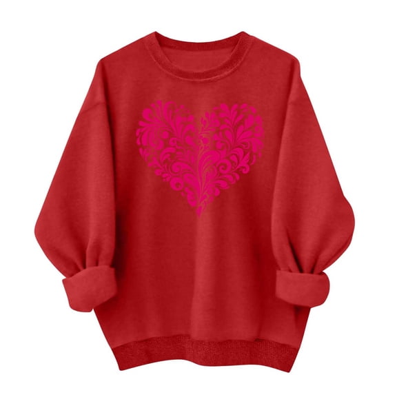 SELONE Sweat Shirts for Womens Valentine Heart Print Long Sleeve Pullover Crewneck Sweatshirt Loose Tops Red 2XL
