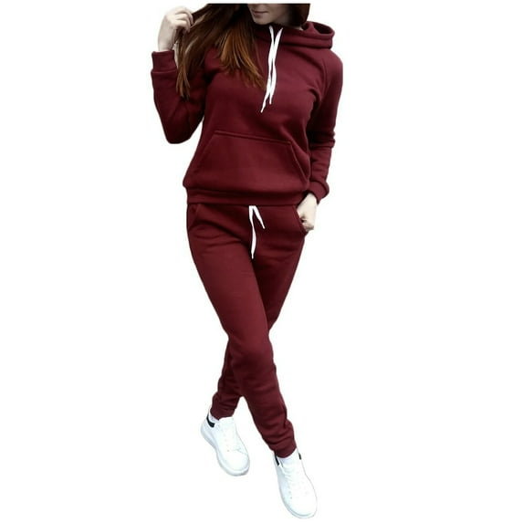SELONE Sweat Suits For Womens 2 Piece Long Sleeve Pullover Hooded Tops Long Sweatpants Crew Neck Gym Loose Fit Taper Leg Workout Outfits Solid Jogger Lounge Sets Streetwear Fall Wintern Clothes Wine