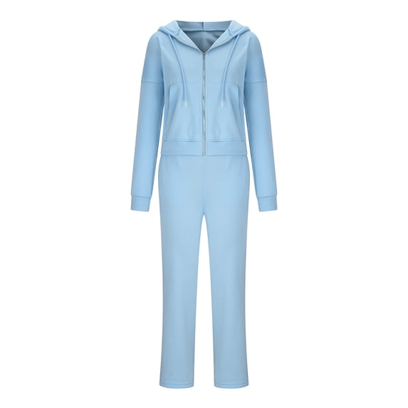 SELONE Sweat Suits For Womens Weight Loss 2 Piece Long Sleeve Jackets Long Sweatpants Hooded Neck Gym Loose Straight Leg Workout Pockets Solid Jogger Fall Wintern Clothes Light Blue