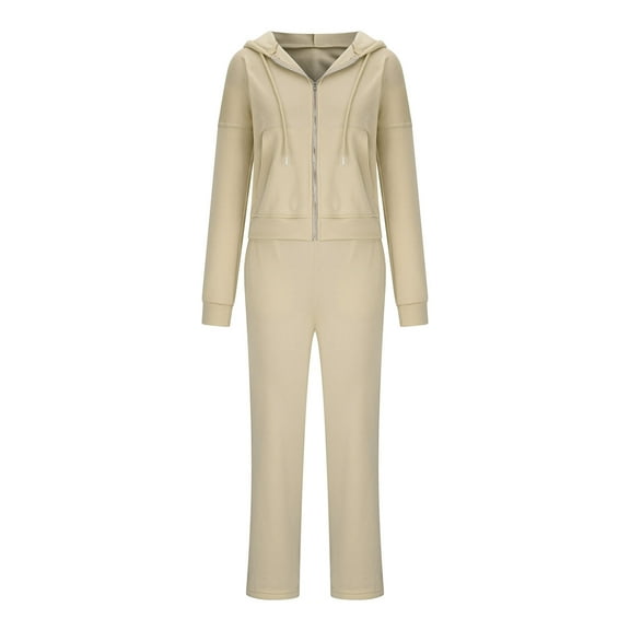 SELONE Sweat Suits For Womens Weight Loss 2 Piece Long Sleeve Jackets Long Sweatpants Hooded Neck Gym Loose Straight Leg Workout Pockets Solid Jogger Sets Streetwear Fall Wintern Clothes Beige